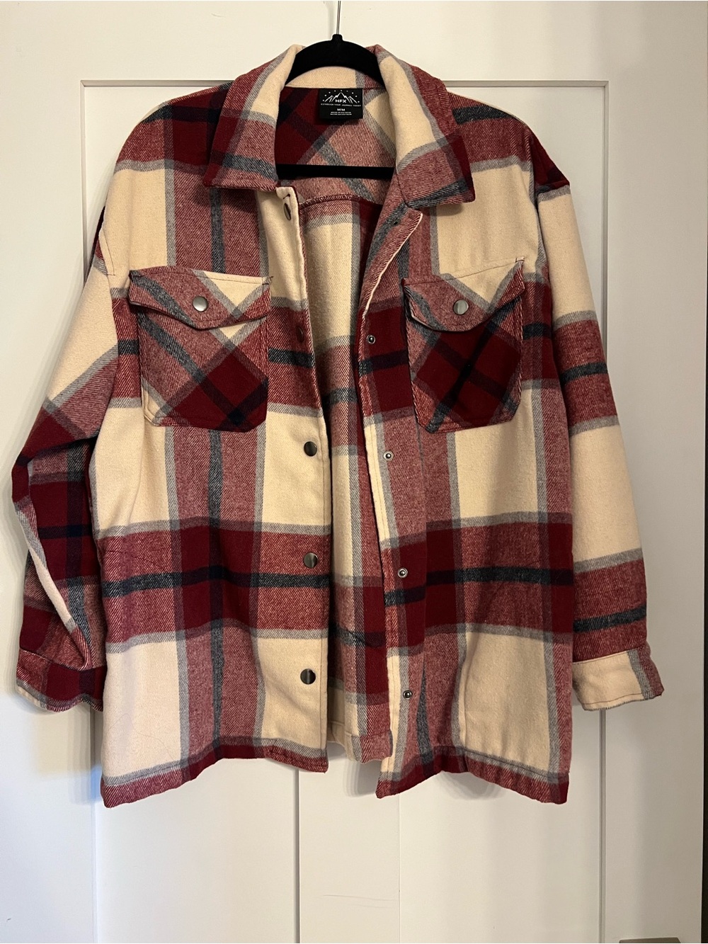 Women's Red and Cream Plaid Button-Down Shirt Jacket